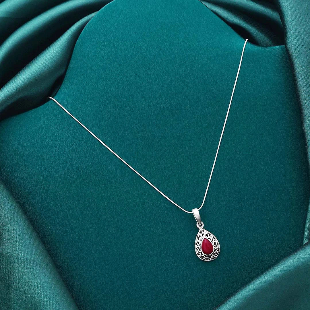 Neck Pieces - Pure 925 Silver Pendant &#8211; Magical Red Stone
