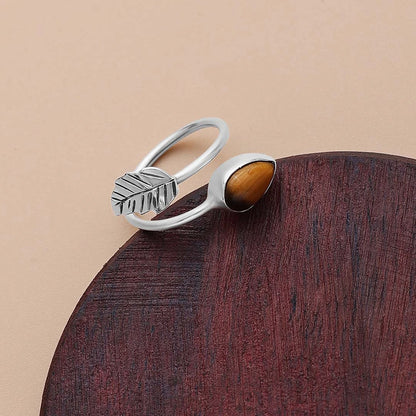 Classic Rings - Pure Silver Ring &#8211; Leafy Design With Tiger-Eye Stone