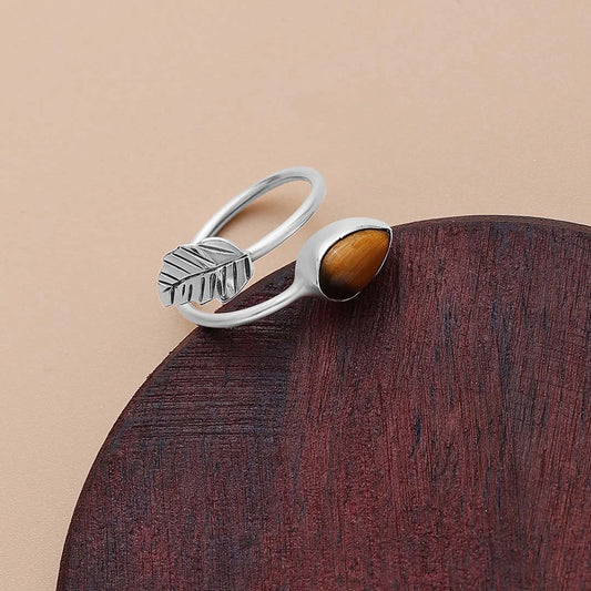 Classic Rings - Pure Silver Ring &#8211; Leafy Design With Tiger-Eye Stone