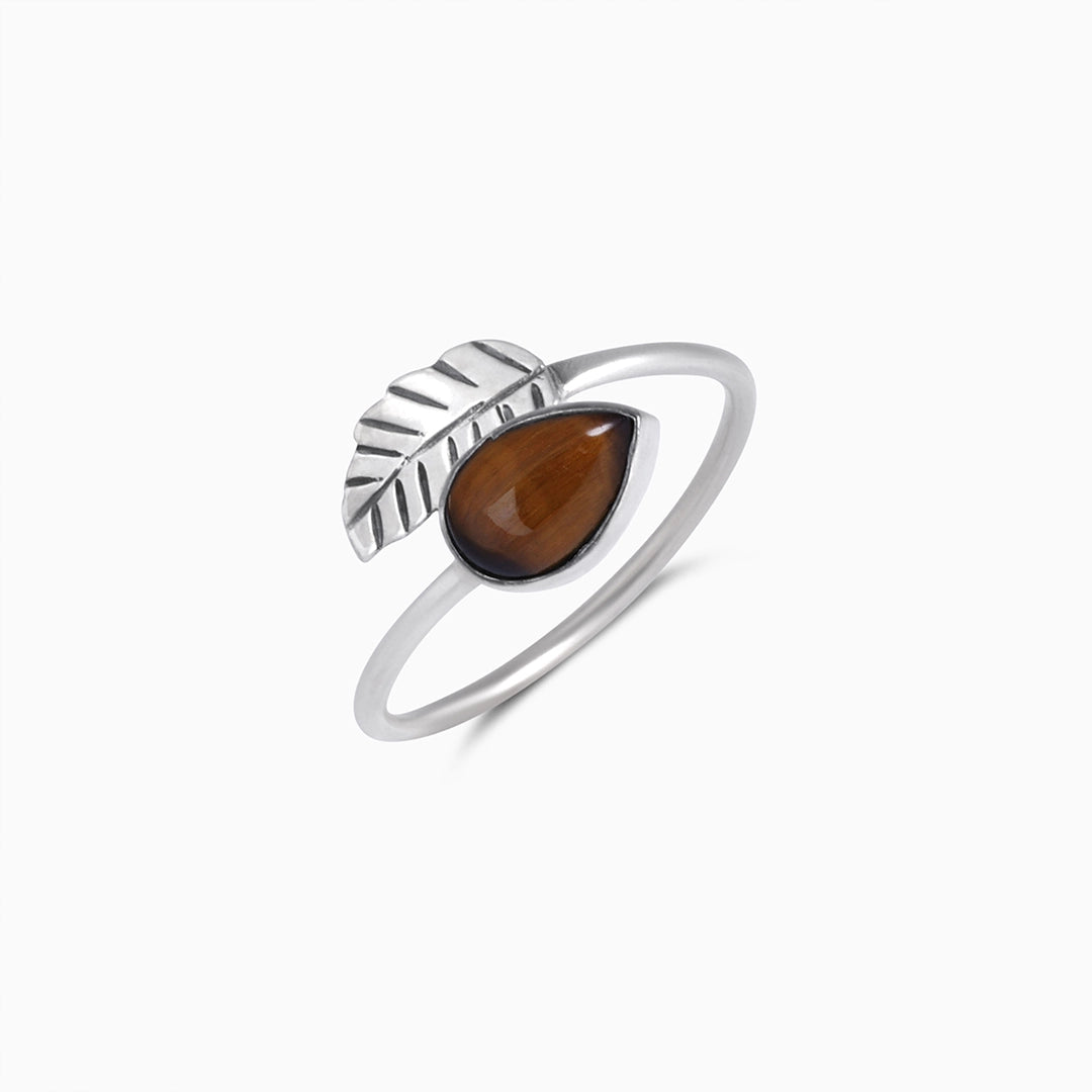 Silver Rings - Pure Silver Ring &#8211; Leafy Design With Tiger-Eye Stone