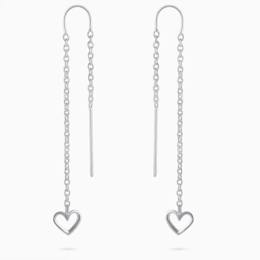 Silver Earrings - Pure Silver Earrings &#8211; Long Chain-Hearted Design
