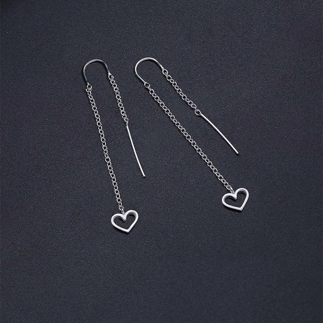 long chain earring - Pure Silver Earrings &#8211; Long Chain-Hearted Design