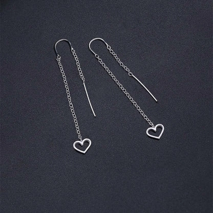 long chain earring - Pure Silver Earrings &#8211; Long Chain-Hearted Design