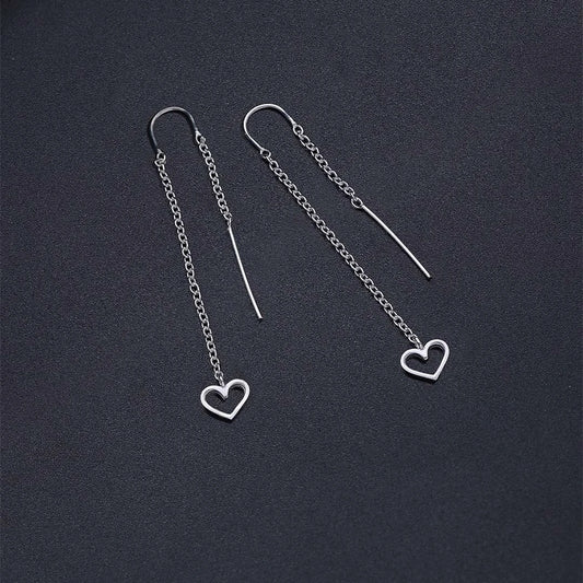 long chain earring - Pure Silver Earrings &#8211; Long Chain-Hearted Design