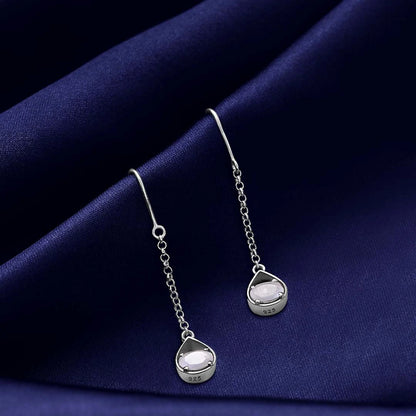 Drop Earrings - Pure Silver Earrings &#8211; Moonstone Long Drop Design