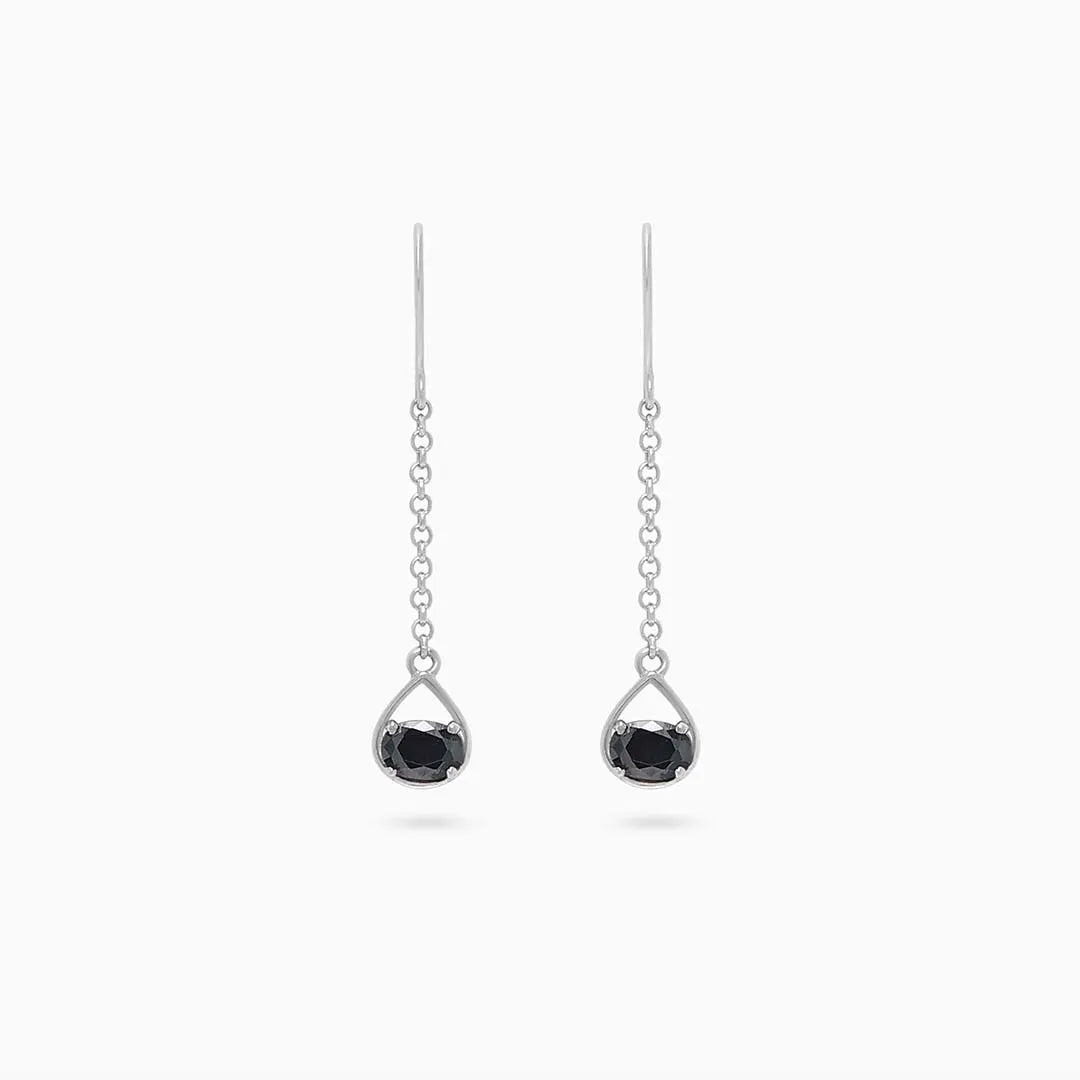 Long drop earrings - Pure Silver Earrings &#8211; Twinkling Chain Model With Onyx Stone