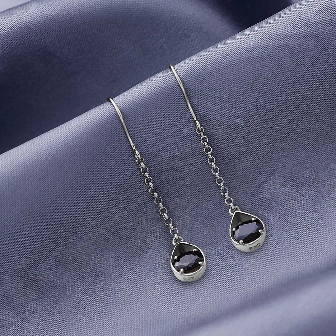 Drop Earrings - Pure Silver Earrings &#8211; Twinkling Chain Model With Onyx Stone