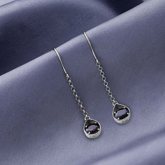 Drop Earrings - Pure Silver Earrings &#8211; Twinkling Chain Model With Onyx Stone