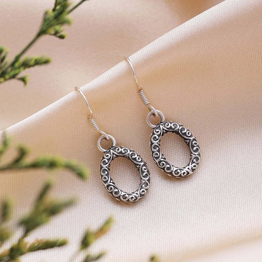 Drop Earrings - Pure Silver Earrings &#8211; Rustic Carved Oxidised Design