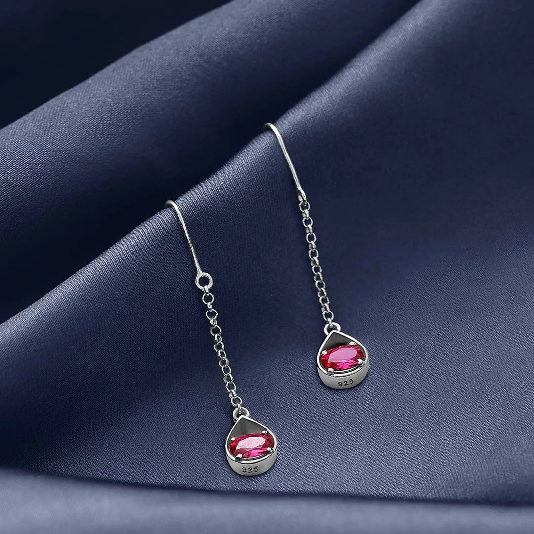 Drop Earrings - Pure Silver Earrings &#8211; Dazzling Ruby Silver Drop Model