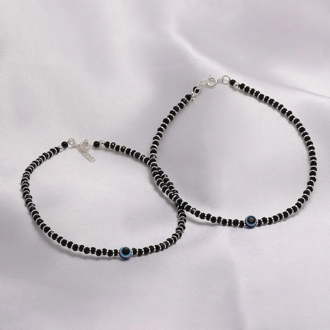 black beads anklets - Pure Silver Anklet &#8211; Aura Evil Eye Design