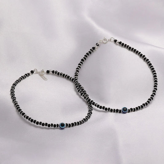 black beads anklets - Pure Silver Anklet &#8211; Aura Evil Eye Design