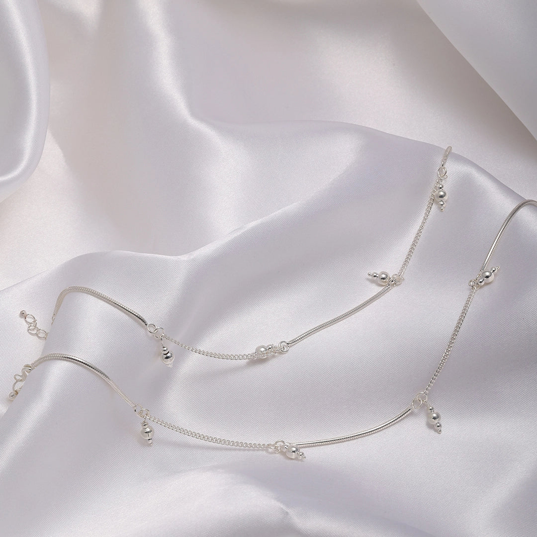 partywear Silver anklets - Pure Silver Anklet &#8211; Fusion Style Lustrous Beaded