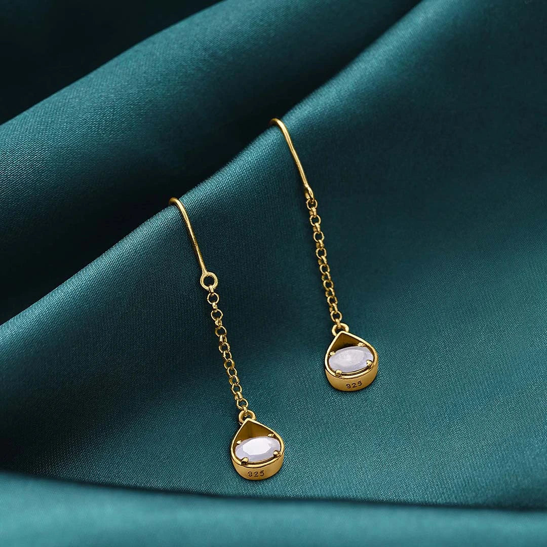 Drop Earrings - Pure Silver Earrings &#8211; Sparkling Gold Plated Moonstone