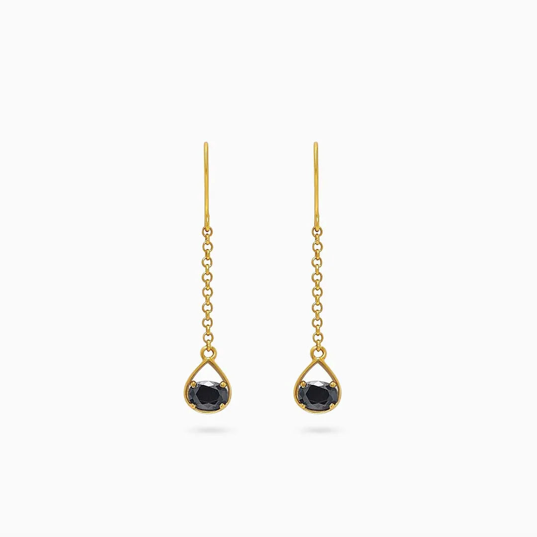 329 - Pure Silver Earrings &#8211; Gold Plated Onyx Drop Danglers