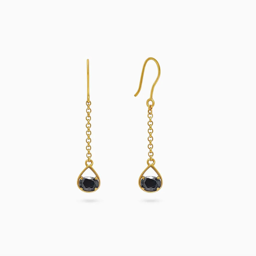 Silver Earrings - Pure Silver Earrings &#8211; Gold Plated Onyx Drop Danglers