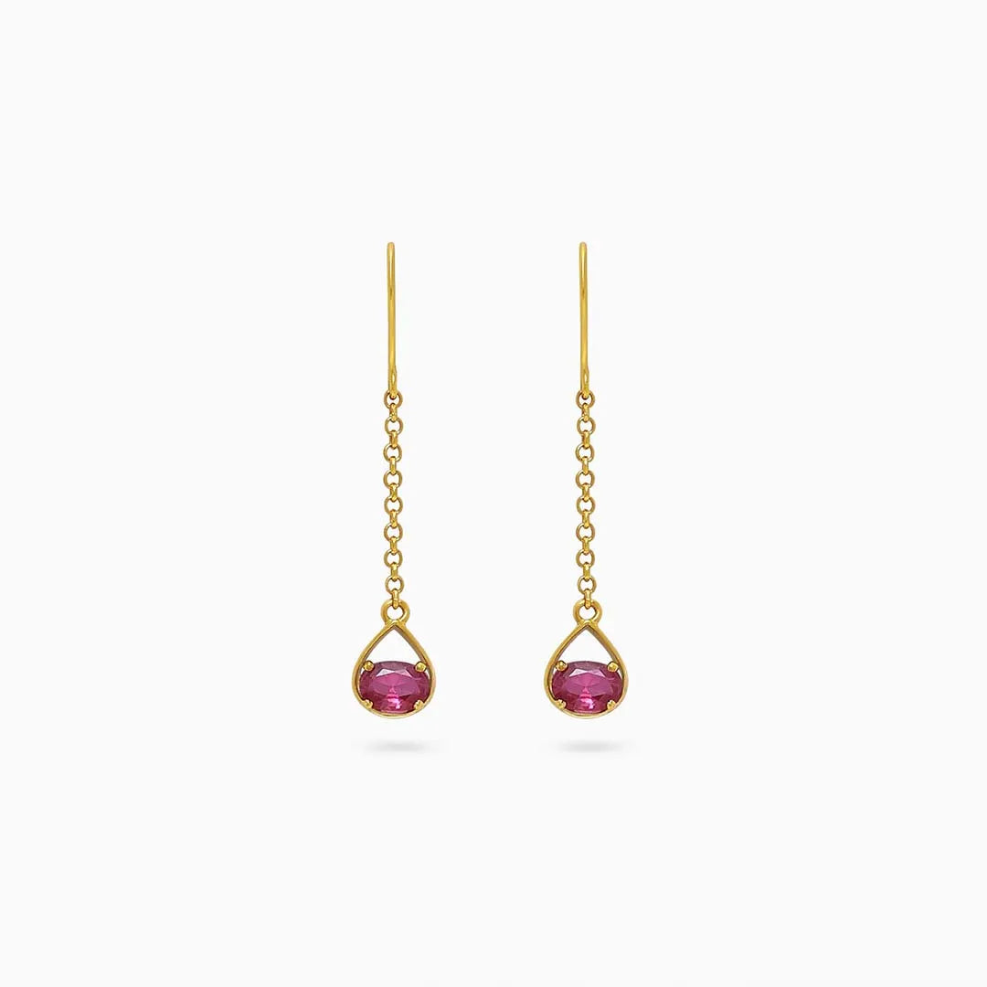 912 - Pure Silver Earrings &#8211; Ruby Long Drop With Gold Finish