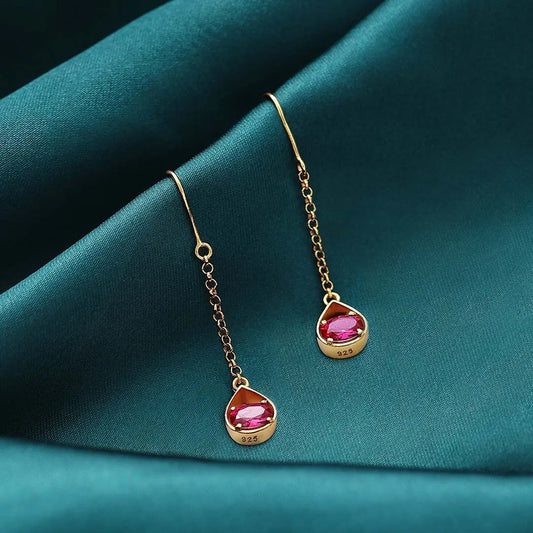 Drop Earrings - Pure Silver Earrings &#8211; Ruby Long Drop With Gold Finish