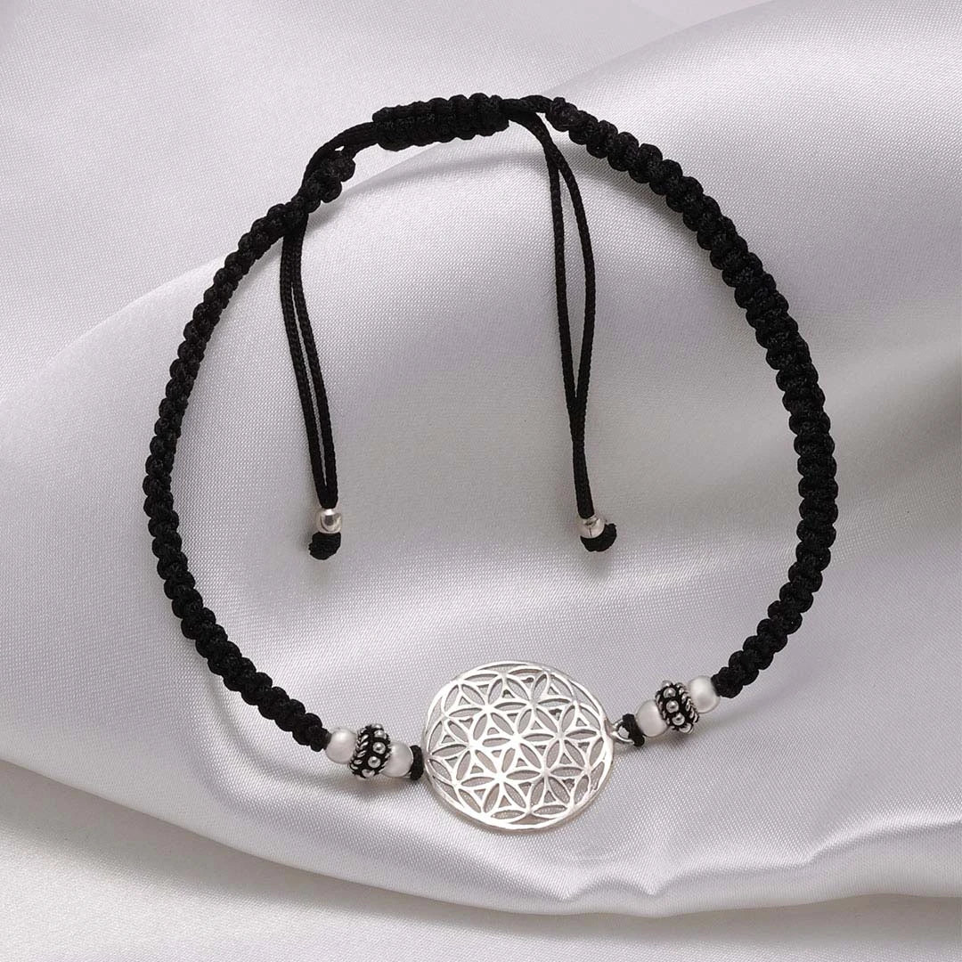 Silver anklets - Pure Silver Anklet &#8211; Boho Mandala Black Thread