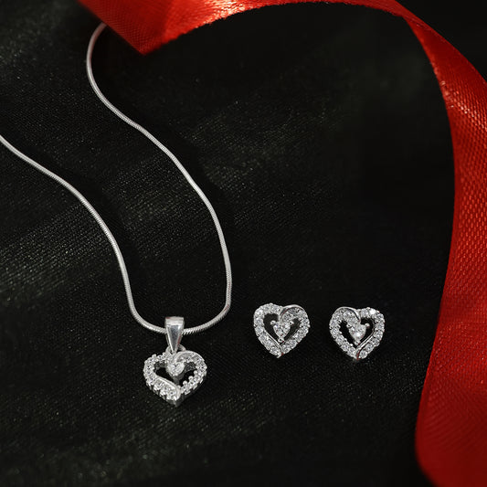 Heart Shaped Silver Pendant & Earrings Set
