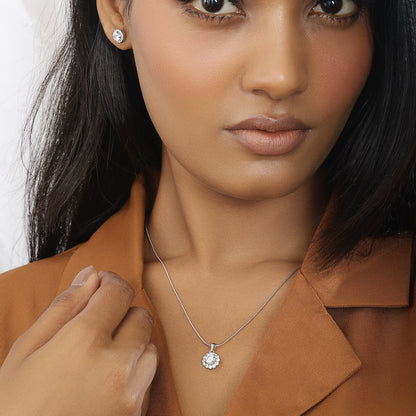 Round Floral Design Silver Pendant & Earrings Set
