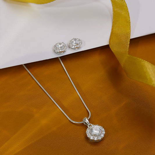 Round Floral Design Silver Pendant & Earrings Set