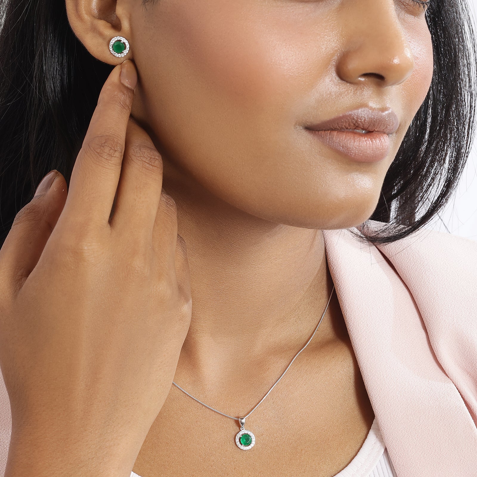 Round Cut Green Stone Silver Pendant & Earrings Set - Tweov Jewels