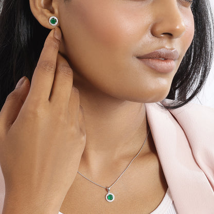 Round Cut Green Stone Silver Pendant & Earrings Set - Tweov Jewels