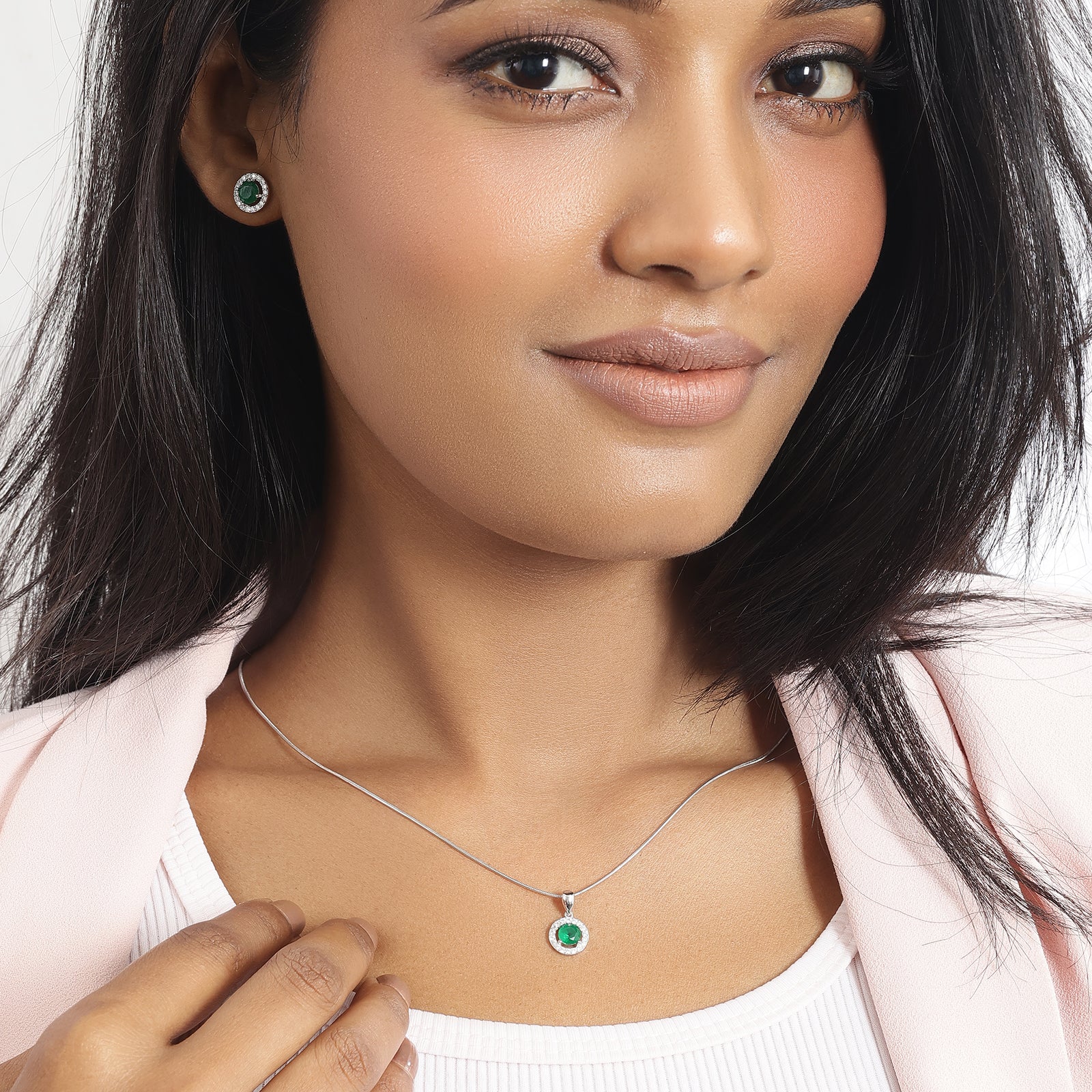 Round Cut Green Stone Silver Pendant & Earrings Set - Tweov Jewels