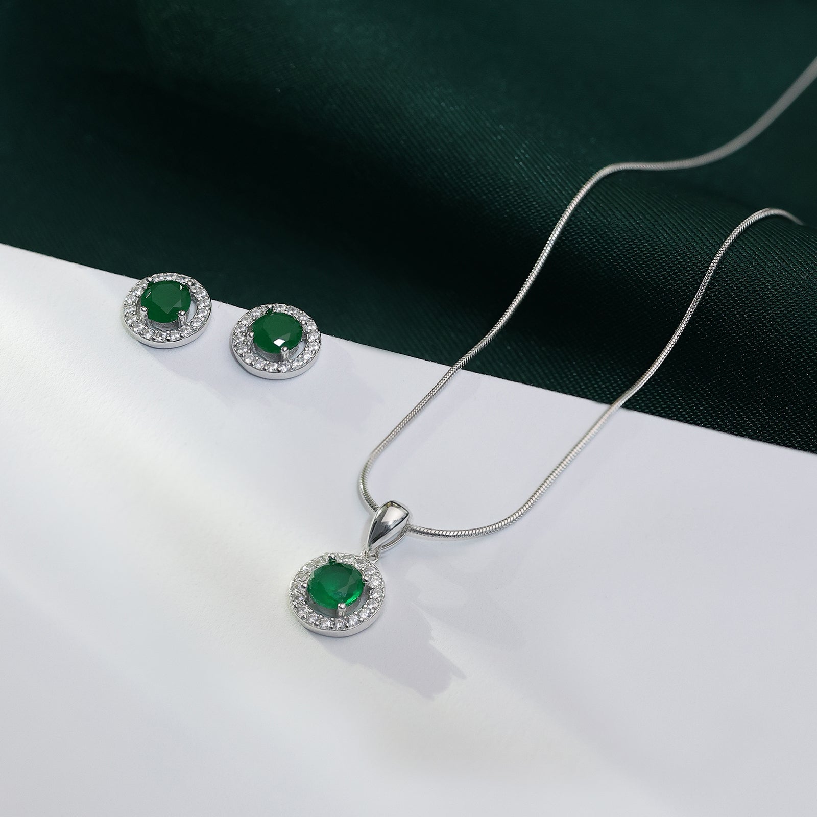 Round Cut Green Stone Silver Pendant & Earrings Set - Tweov Jewels