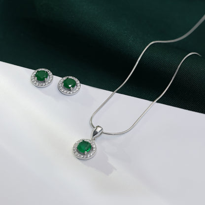 Round Cut Green Stone Silver Pendant & Earrings Set - Tweov Jewels