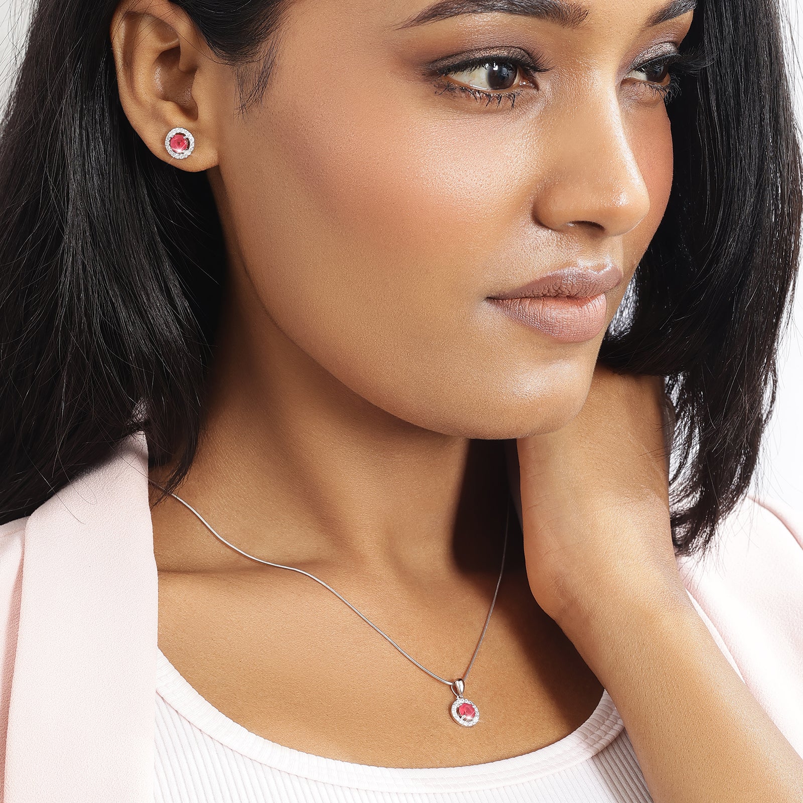 Round Shape Pink Stone Studded Silver Pendant & Earrings Set - Tweov Jewels