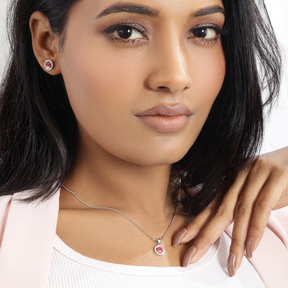 Round Shape Pink Stone Studded Silver Pendant & Earrings Set - Tweov Jewels