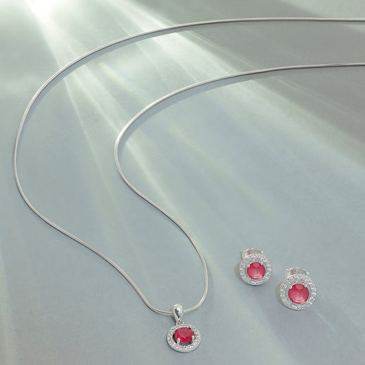 Round Shape Pink Stone Studded Silver Pendant & Earrings Set