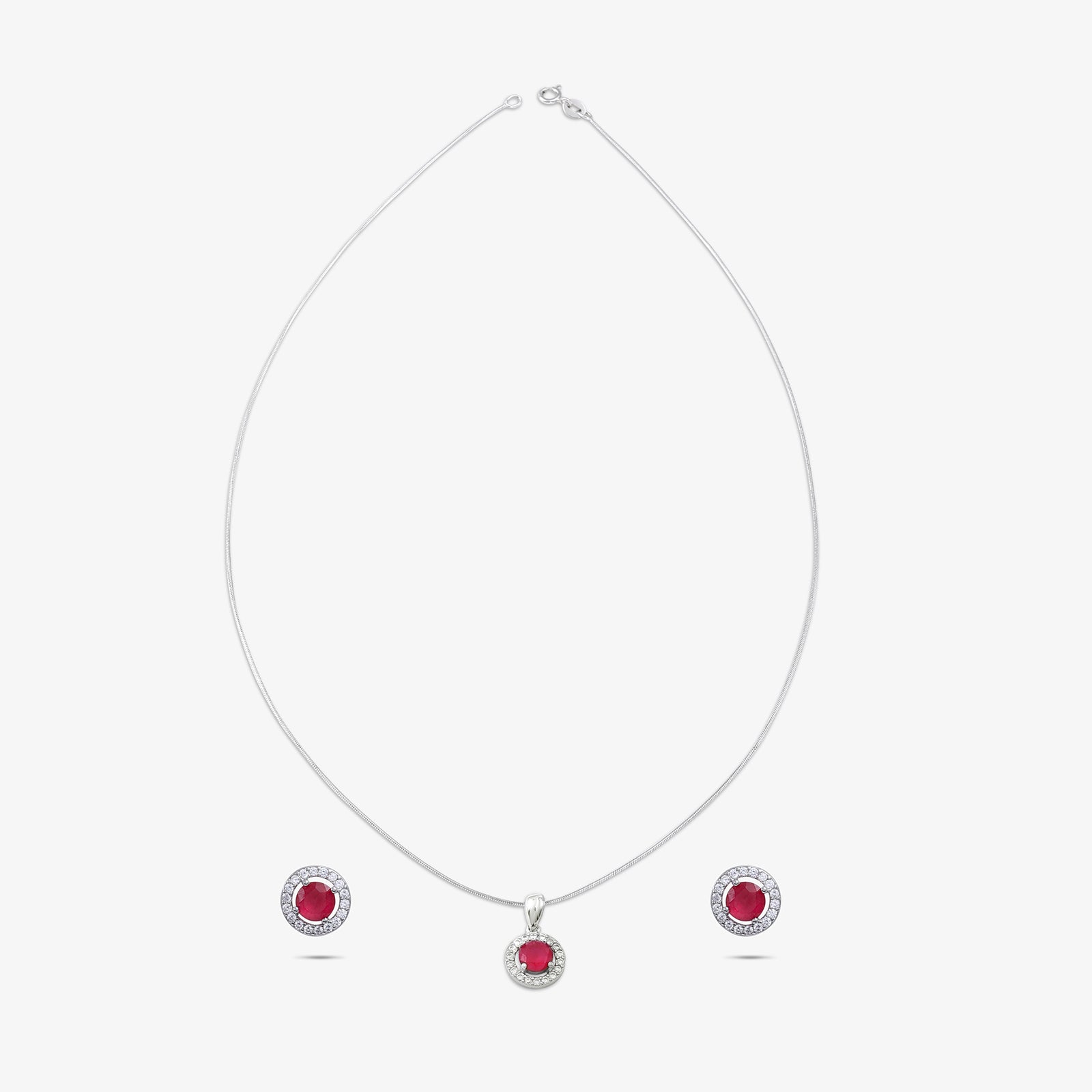 Round Shape Pink Stone Studded Silver Pendant & Earrings Set - Tweov Jewels
