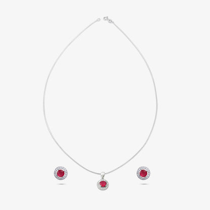 Round Shape Pink Stone Studded Silver Pendant & Earrings Set - Tweov Jewels