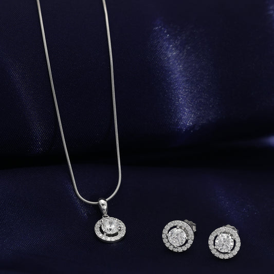 Round Shape White Stone Silver Pendant & Earrings Set