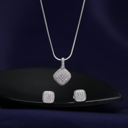 Designer Square Silver Pendant & Earrings Set