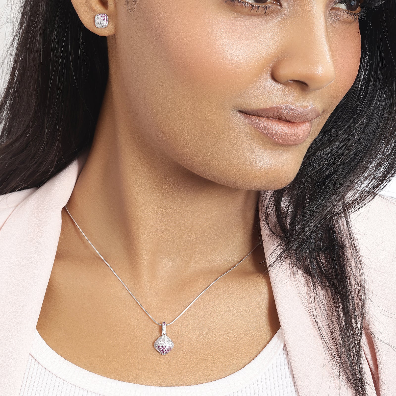 Pink CZ Studded Square Silver Pendant & Earrings Set - Tweov Jewels