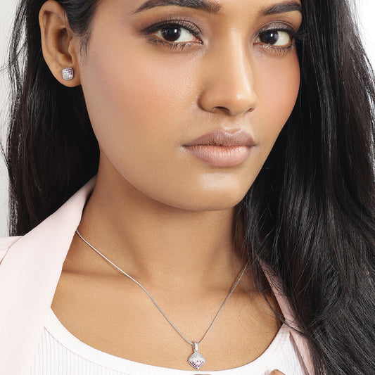 Pink CZ Studded Square Silver Pendant & Earrings Set