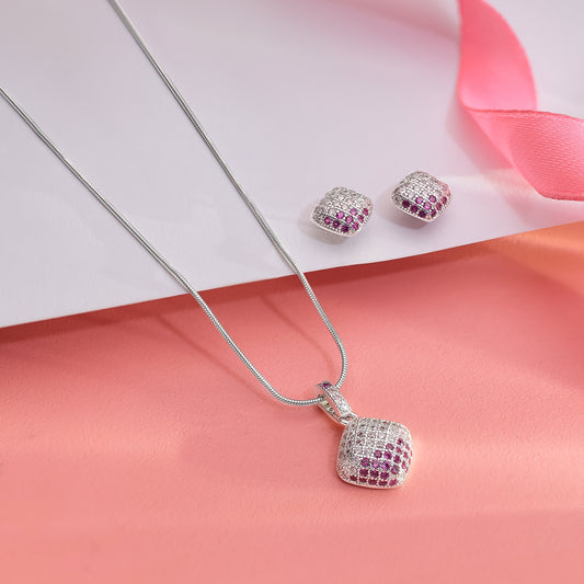 Pink CZ Studded Square Silver Pendant & Earrings Set