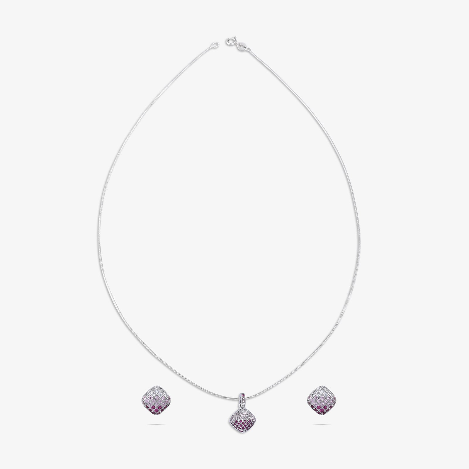 Pink CZ Studded Square Silver Pendant & Earrings Set - Tweov Jewels