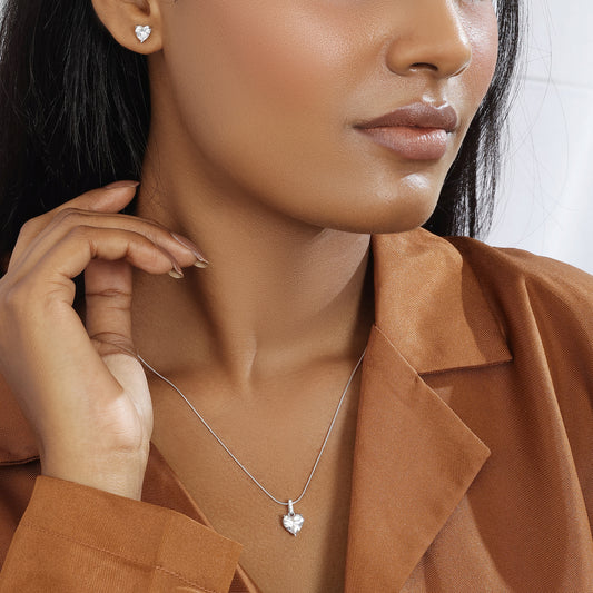Solitaire Heart Shaped Silver Pendant & Earring Set