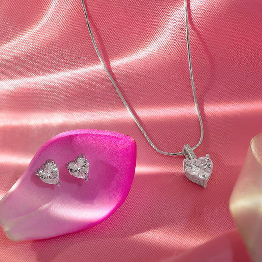 Solitaire Heart Shaped Silver Pendant & Earring Set