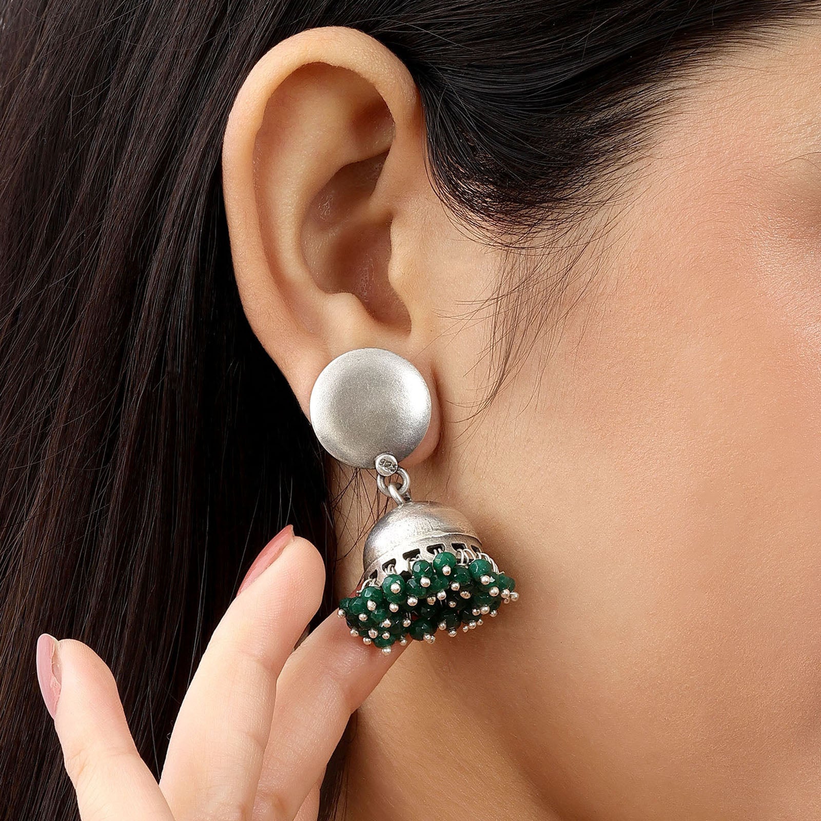 Green Beads Silver Jhumka Earrings - Tweov Jewels