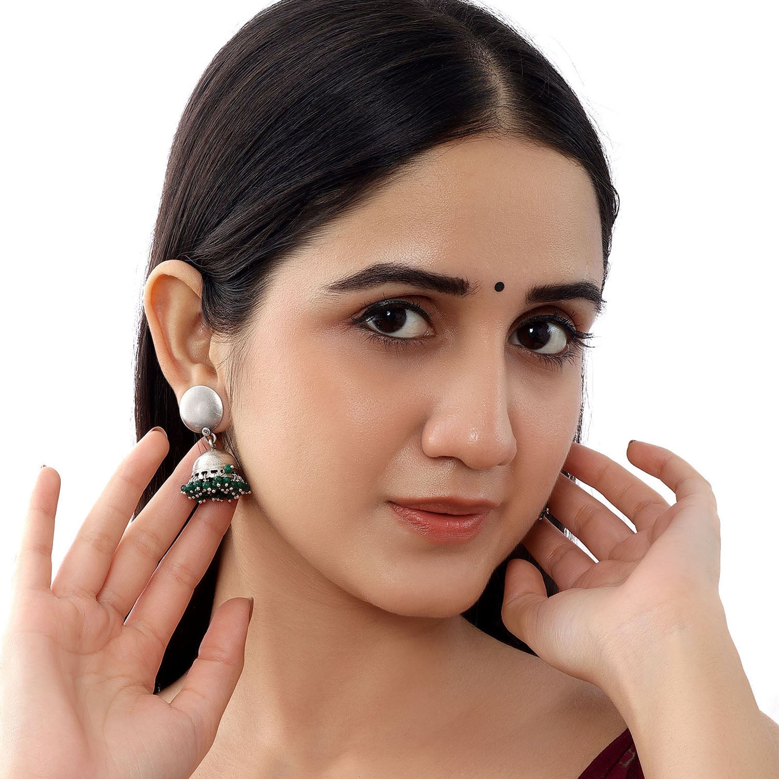 Green Beads Silver Jhumka Earrings - Tweov Jewels