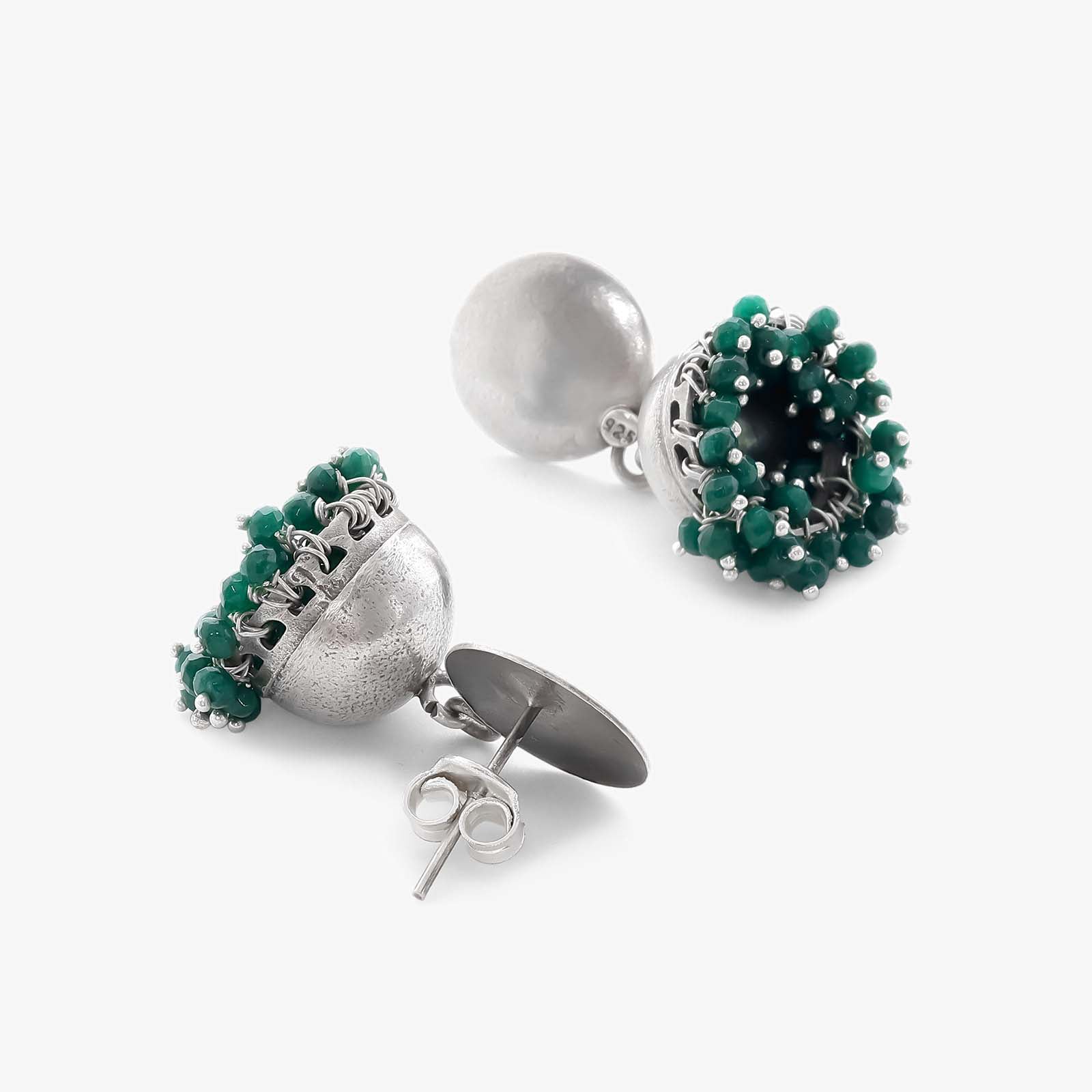 Green Beads Silver Jhumka Earrings - Tweov Jewels