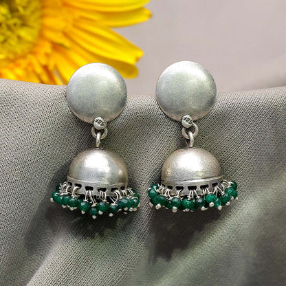Green Beads Silver Jhumka Earrings - Tweov Jewels