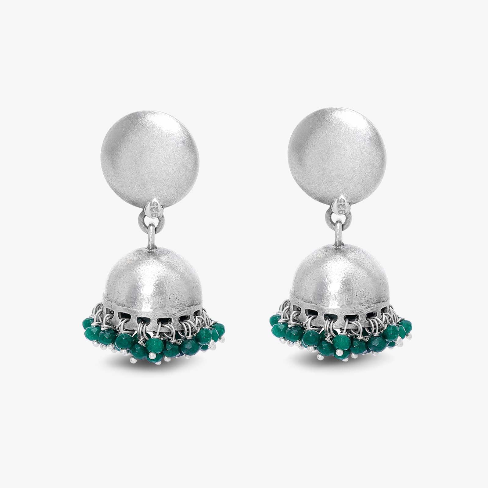 Green Beads Silver Jhumka Earrings - Tweov Jewels