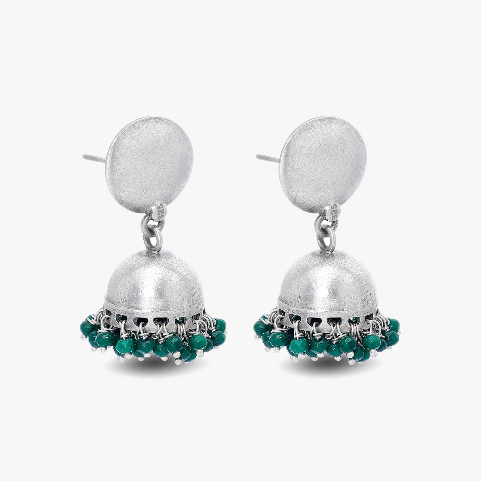 Green Beads Silver Jhumka Earrings - Tweov Jewels